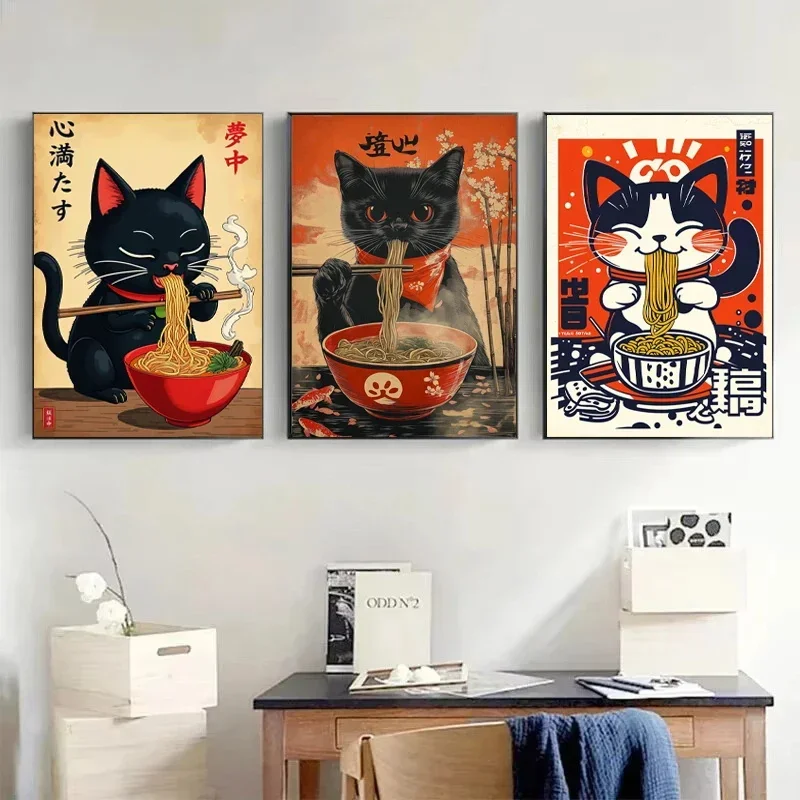 Japanese Cat Eating Noodles Canvas Poster Cat Coffee Bonjour Mon Amour Kitchen Wall Art Prints for Modern Living Room Home Decor