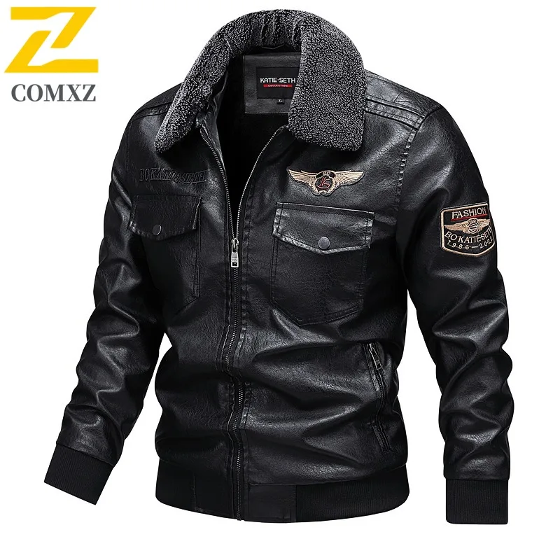 

COMXZ Vintage Mens Leather Jacket Faux Fur Lined Warm Biker Style PU Coat Retro Fashion Up Winter Outerwear Motorcycle Jacket