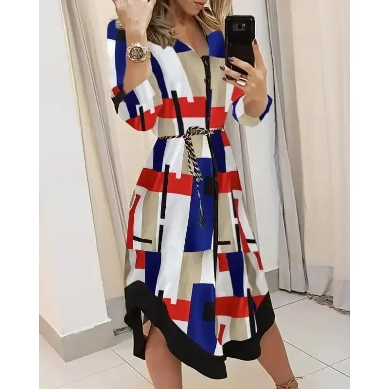 Summer Commuter Elegant Women's Dress Long sleeved Lapel Fashion Stripe Print Lace up Dress Casual Holiday Party Dress