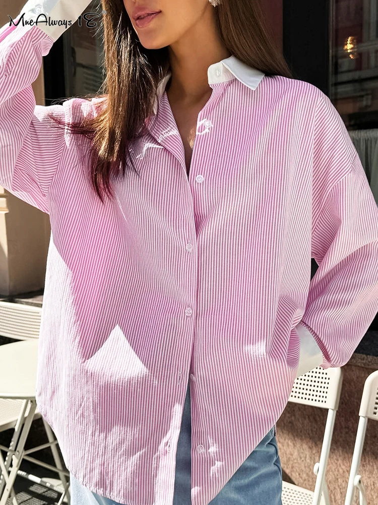 Mnealways18 Patchwork Stripe Women Shirts Turn Down Collar Street Style Long Sleeves Blouses And Tops Ladies Casual Streak 2024