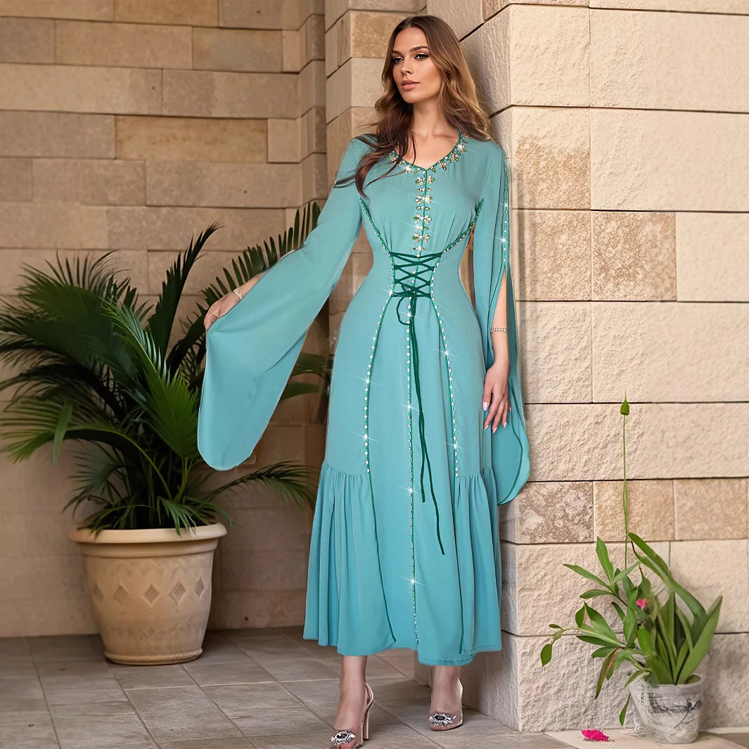 

Ba5039 Dubai Fashion Muslim Fashion Abaya with Rhinestones Women's Evening Dress Robe Abaya Ramadan Dubai Luxury Islam Elegant