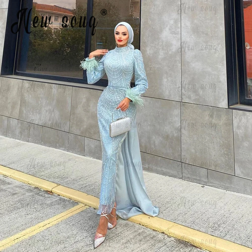 Muslim Long Sleeve Blue Party Dress With Overskirt Women Beading Prom Dresses Ismarlama Fırsat Elbiseler Dubai Hochzeitskleid