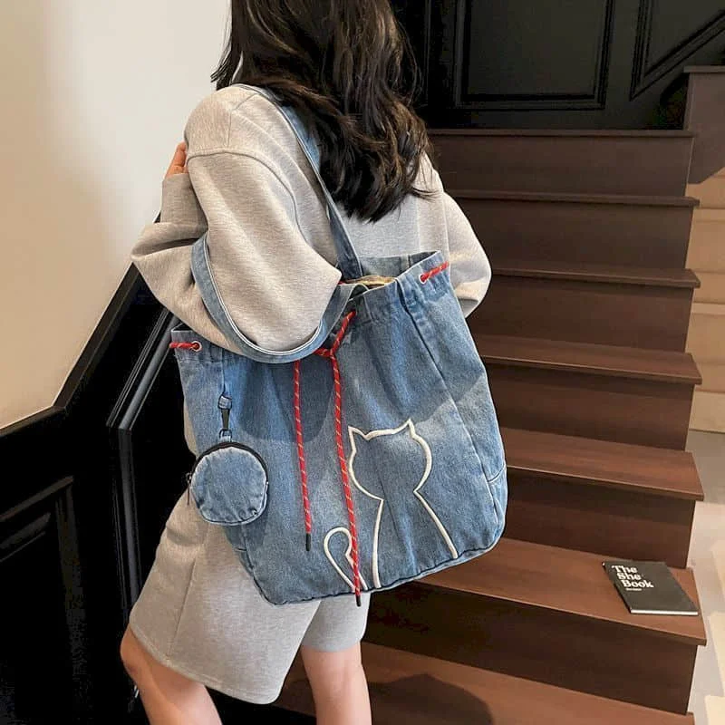 

Denim Tote Bag Reusable Waterrproof Shoulder Bags Casual Letter Design High-capacity Japanese Style Durable Handbag for Women
