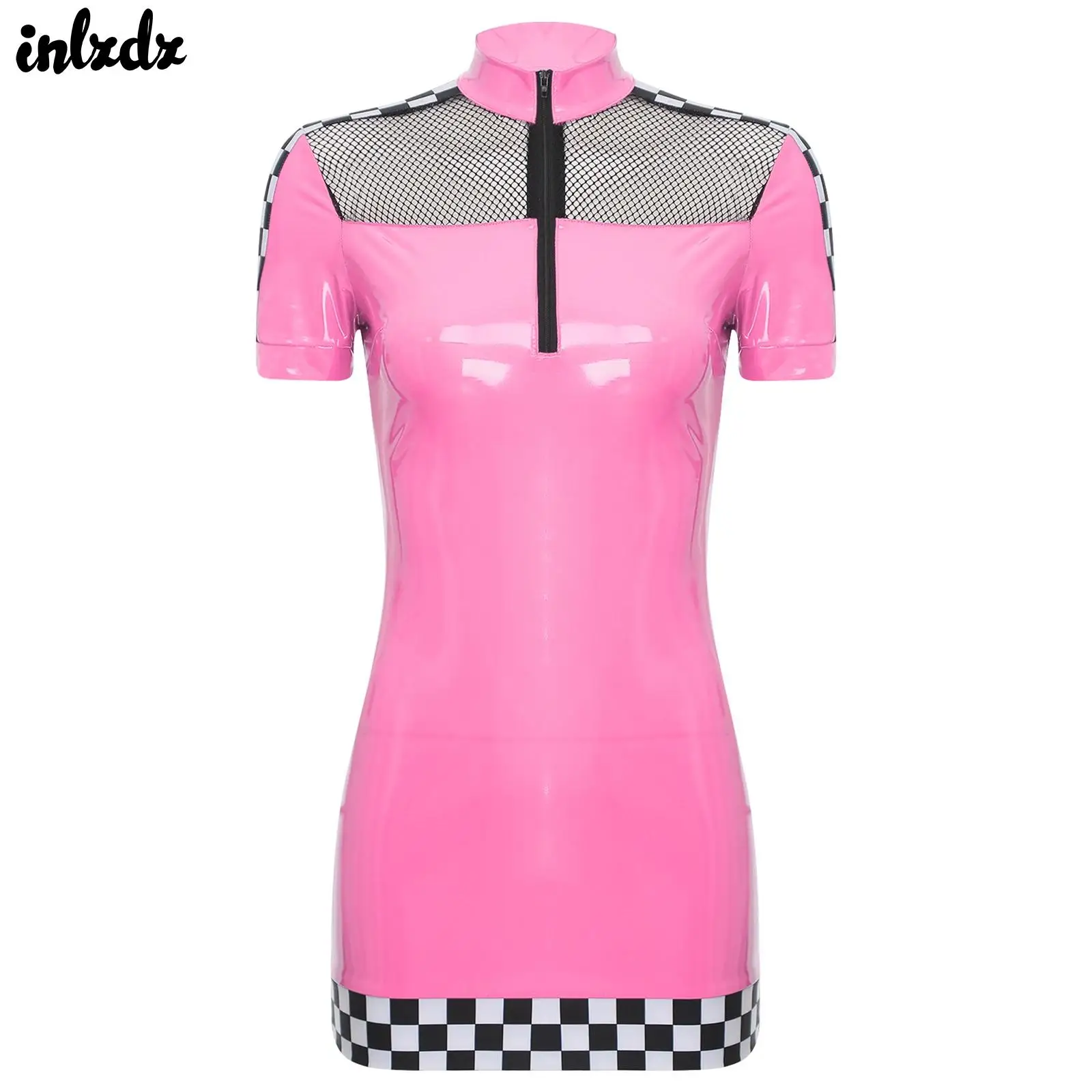 Womens Wet Look Patent Leather Bodycon Mini Dress Car Racer Driver Cosplay Costume Checkerboard Short Sleeve Dress Clubwear