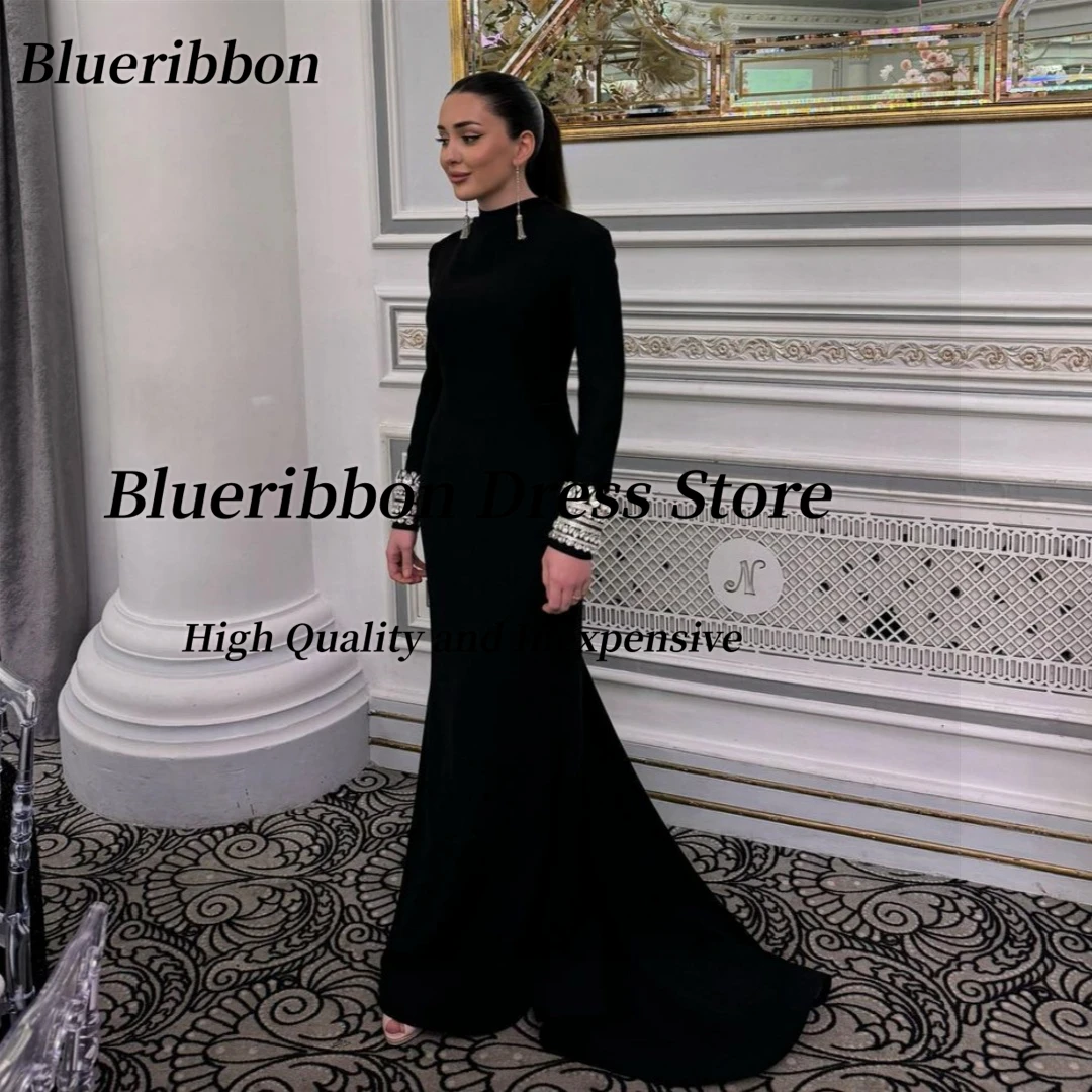 Blueribbon Generous Black Evening Dresses with Crystals Long Sleeves Prom Dress High Collar Zipper Back Vestidos De Noches