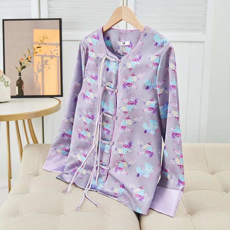 Chinese Style Women\'s Clothing Plate Button Jacket Top Printing Round Neck Coat Fashion Zen Style Purple Flower Blouse