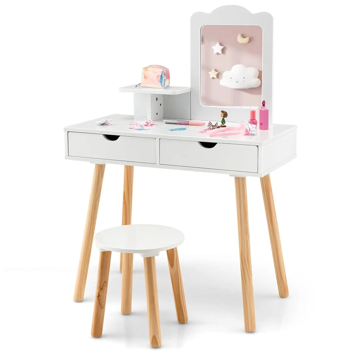 Olakids Kids Vanity Set, 2 In 1 Wooden Princess Makeup Table And Chair With Mirror, Storage Shelf Drawers For Little Girls,