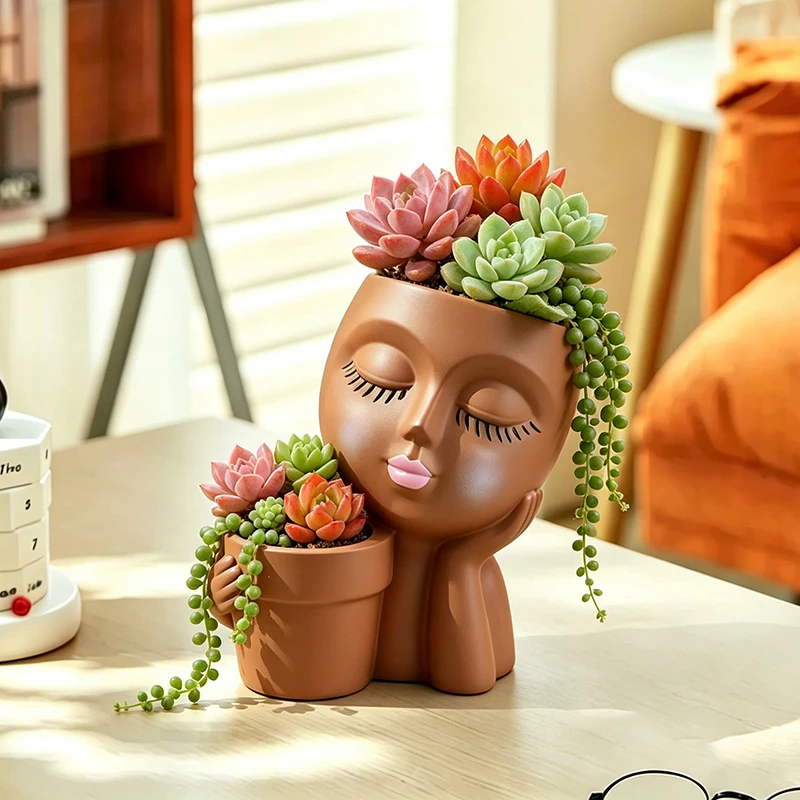 Maceta de Resina con Diseño de Chica con Ojos Cerrados, Contenedor Doble con Forma de Rostro de Dama para Cactus y Plantas Colgantes, Decoración para el Hogar y Escritorio