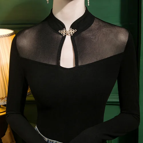 여성용 빈티지 오피스 티셔츠, 스탠드 칼라, 스플릿 조인트 메쉬, 할로우 아웃 스키니 티셔츠, 긴 소매, #4323 용수철, 2024 블랙 