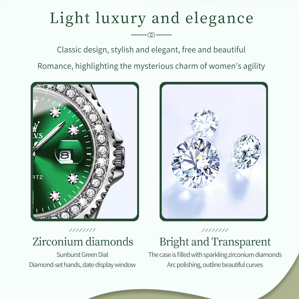 OLEVS New Luxury Diamond Quarzt Watch Women Fashion Green Leather Waterproof Luminous Calendar Watches Female Relogio Feminino