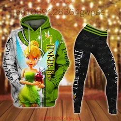 Disney Tinker Bell 3D Leggings con cappuccio da donna Set Pantaloni da yoga a vita alta Set Leggings da yoga Disney Felpa con cappuccio Tuta sportiva di moda