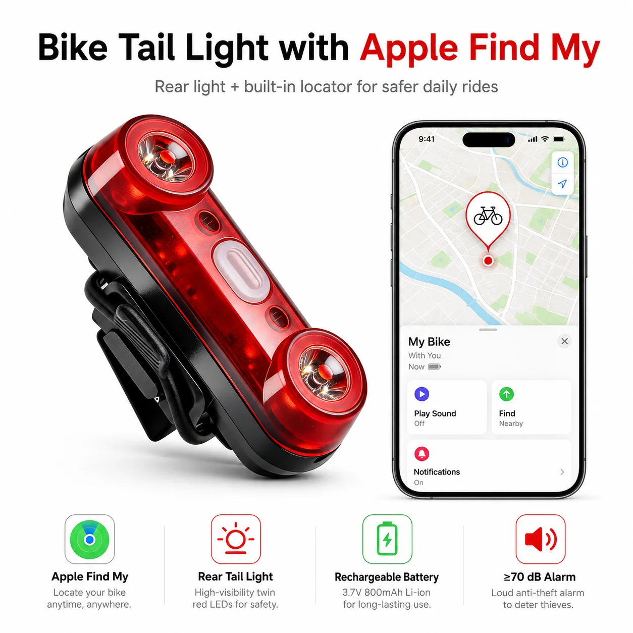 Smart Bike Rear Light with Apple Find My Tracker & 70dB Alarm - Super Bright LED, 30H USB Battery, IPX4 Waterproof Taillight