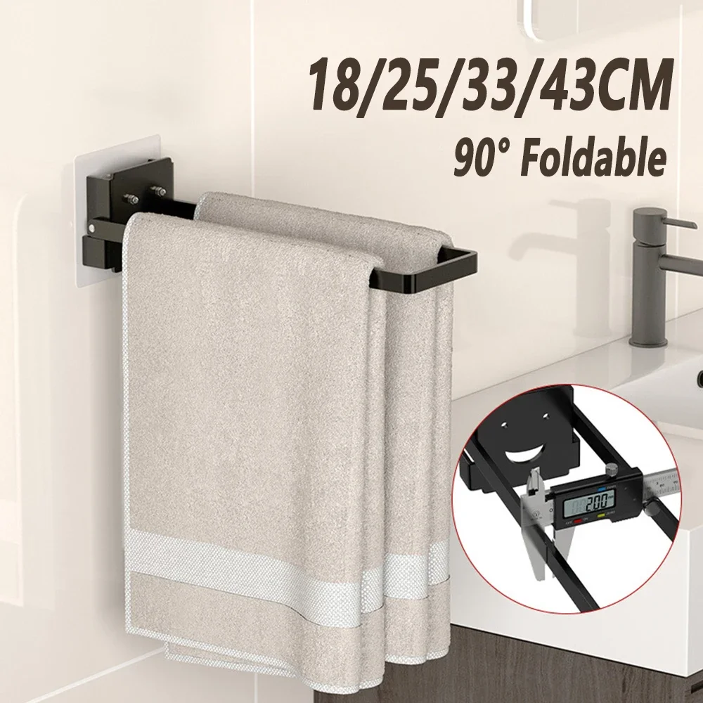 

Self Adhesive Bathroom Towel Holder Toilet Towel Rack Wall Mounted Kitchen Shelf 90° Folding Towel Bar No Drill 18/25/33/43CM