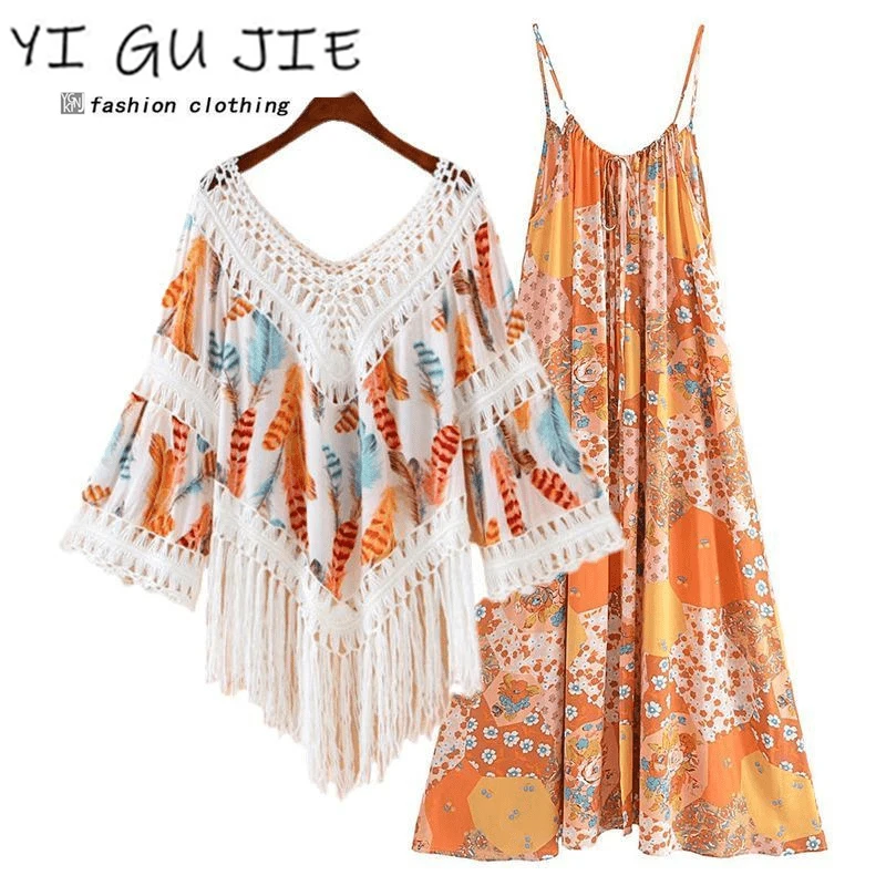 Herfstvakantie Bloemenprint ter Dr Dames Nieuwe Etnische Sle Hollow out Cover up oulder Top Set Lange Sve V Ne a L...