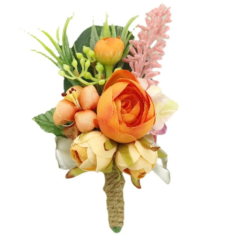 Màu Hồng Cam Cưới Corsages Chú Rể Boutonniere Hồng Lụa Người Thổ Cẩm Cưới Phù Dâu Cổ Tay Áo Khoác Nữ Họa Tiết Vòng Tay Hoa