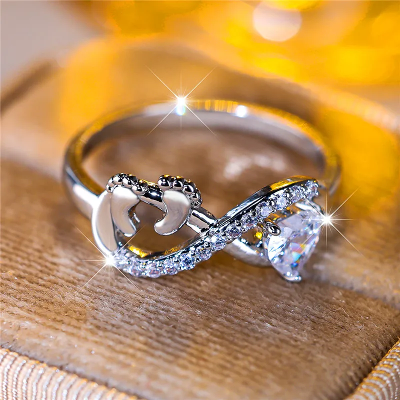 Cute Female White Zircon Stone Footprint Infinity Ring Vintage Silver Color Wedding Jewelry For Women