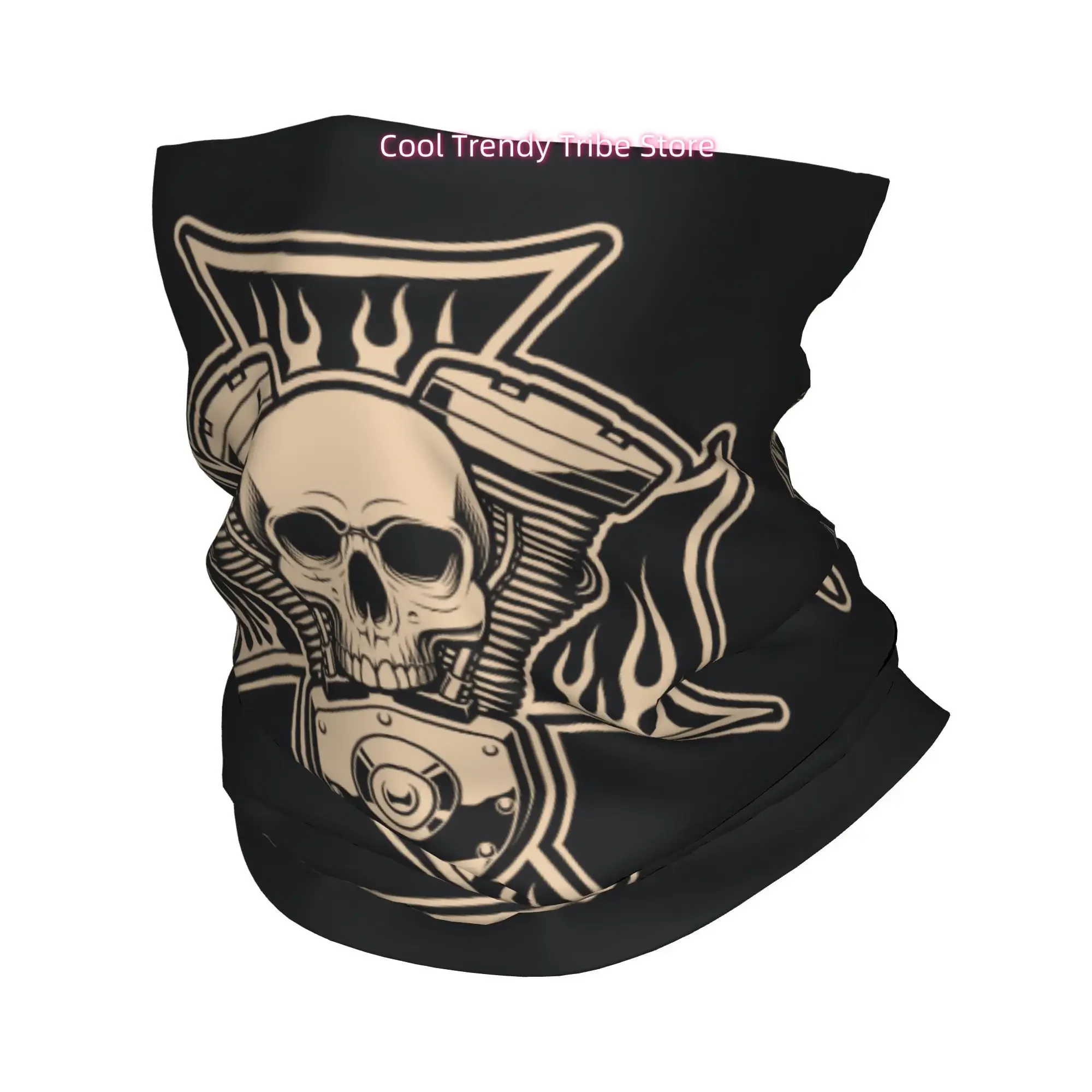 Retro Motorcycle Style Skull Cross Engine Flame Elements Novelty Print Bandana Men Funny Head Scarf Outdoor Fashion Headwrap Gif