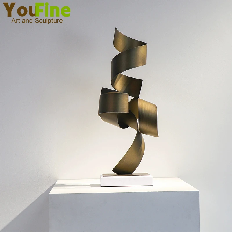 Abstract Metal Sculpture Modern Art Gold Statues Marble Base Crafts For Decoration Home Hotel Bar Decor Desk Ornaments Gift