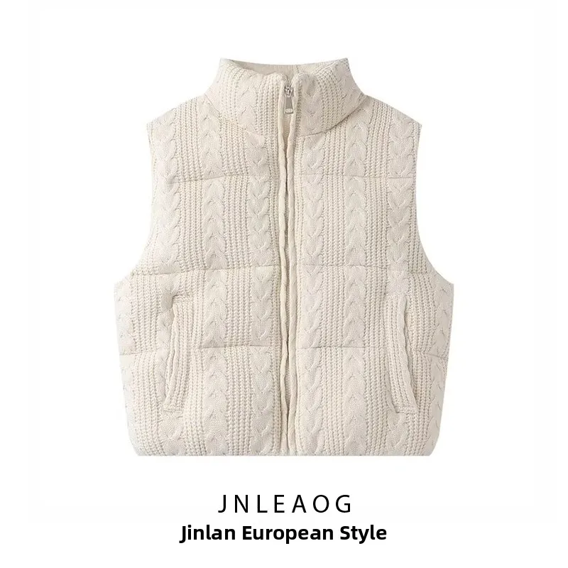 JNLEAOG Autumn New Women's Fashion Design Knitted Cotton Vest Versatile Outerwear Polyester Fabric Zipper Closure Regular Length