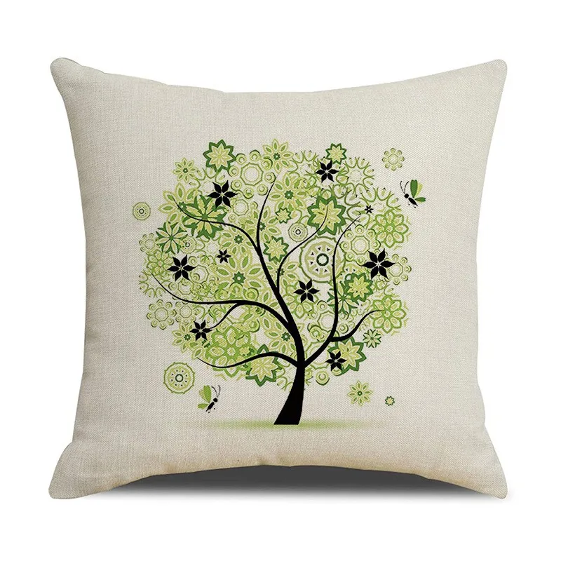 

45cm*45cm Green Tree Flower Pink Pillow Case Throw Autumn Linen Cotton Decor Plant Cushion Cover Ornaments Car Sofa Pillowcase