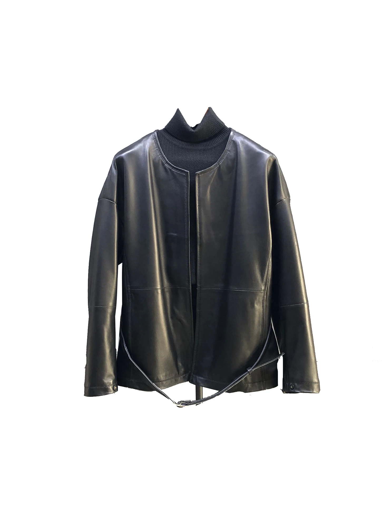 New Women's Genuine Leather Jaet eepskin Coat Slimming Waist round Ne Long Sve Faionable Outerwear Commute Sle