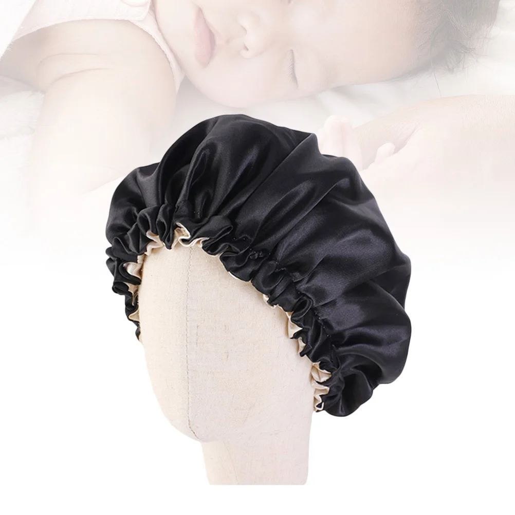 

Satin Black Sleeping Hat for Girl Hair Protection Elastic Double Layer