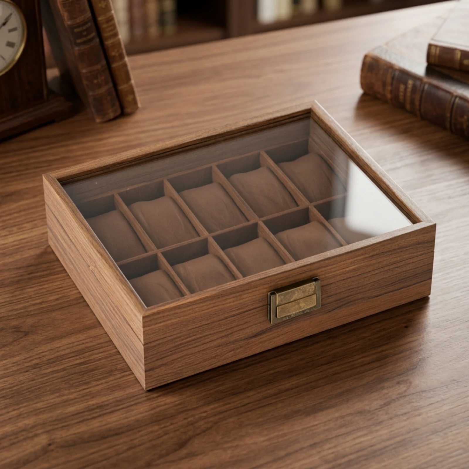Watch Box with Glass Lid Walnut Watch Display Box Storage Holder Wooden Organizer 10-Slot for Collectors, Dresser, Desktop