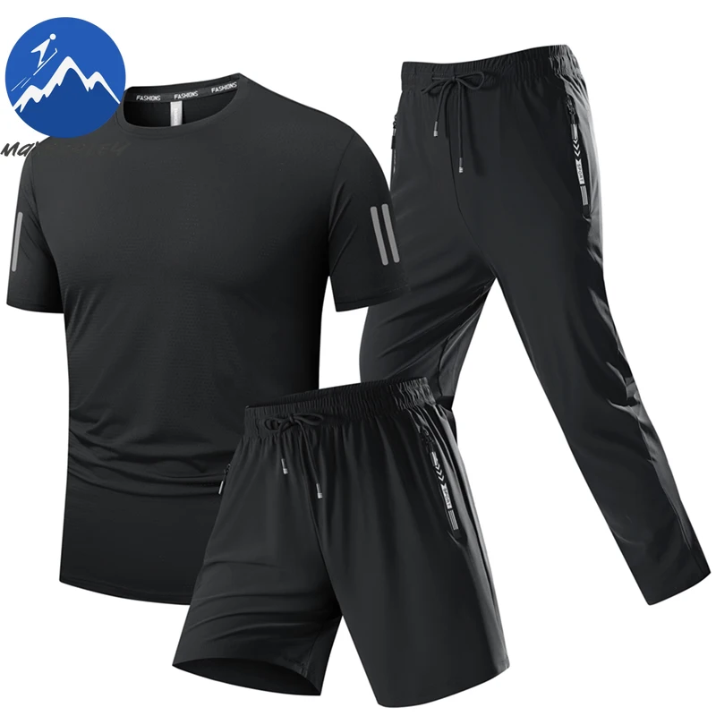 

Summer Men Plus Size Ice Silk Activewear Set Round Neck T Shirt Quick Dry Shorts Pants Three Piece Casual Outfit Sportswear