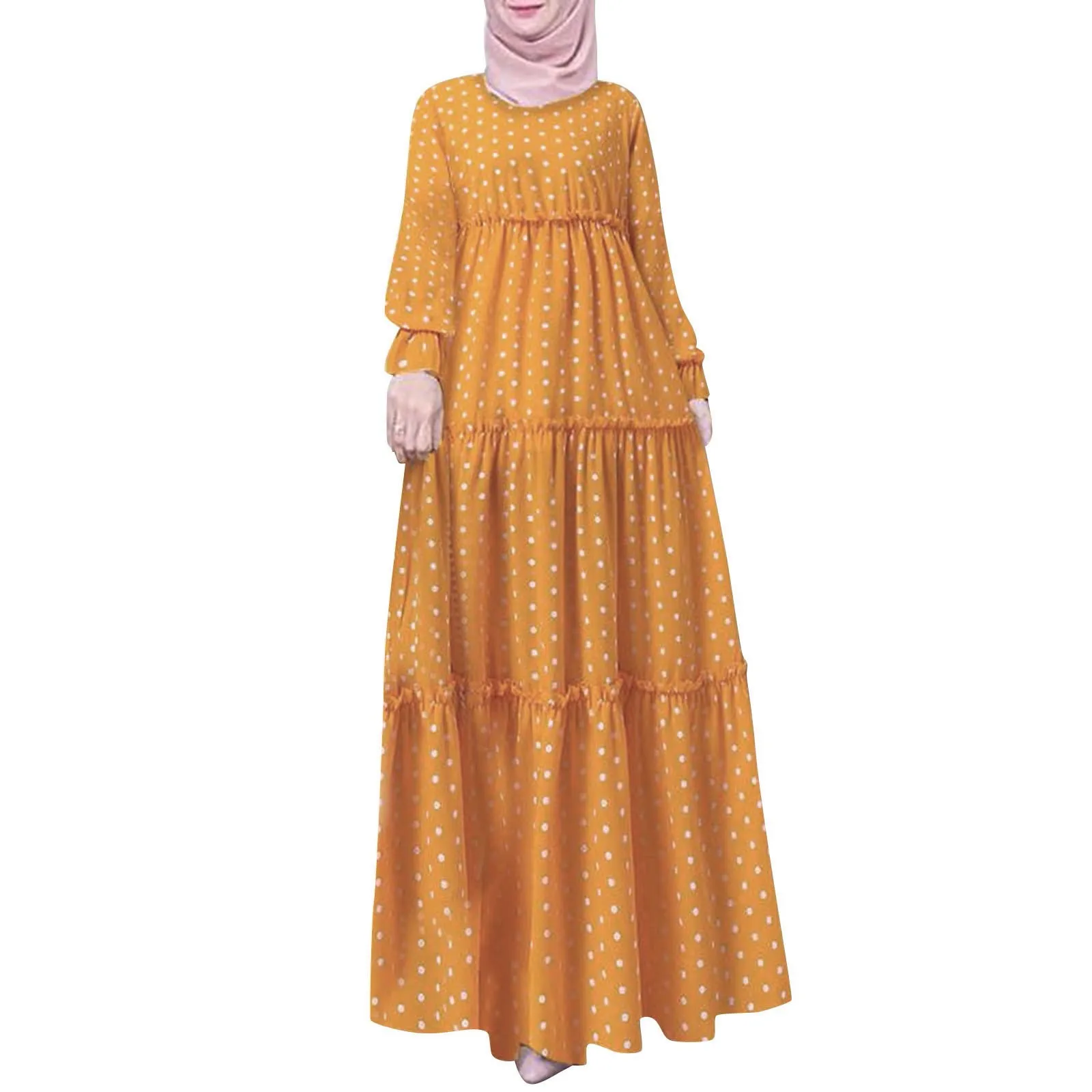 Muslim Clothes For Women 2024 New Design Bohemian Polka Dot Print Muslim Dress Long Sleeves Islamic Prayer Traditional Clothes