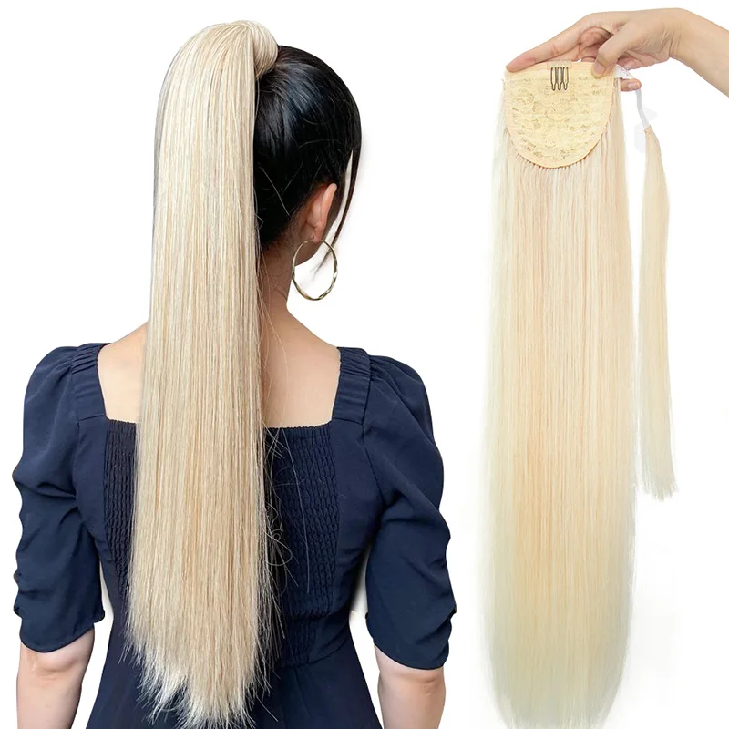 #60 Ponytail Human Hair Natural Real Hair Extensions Wrap Around Clip on Ponytails Thick Ends Platinum Blonde 24inch 60cm 140G