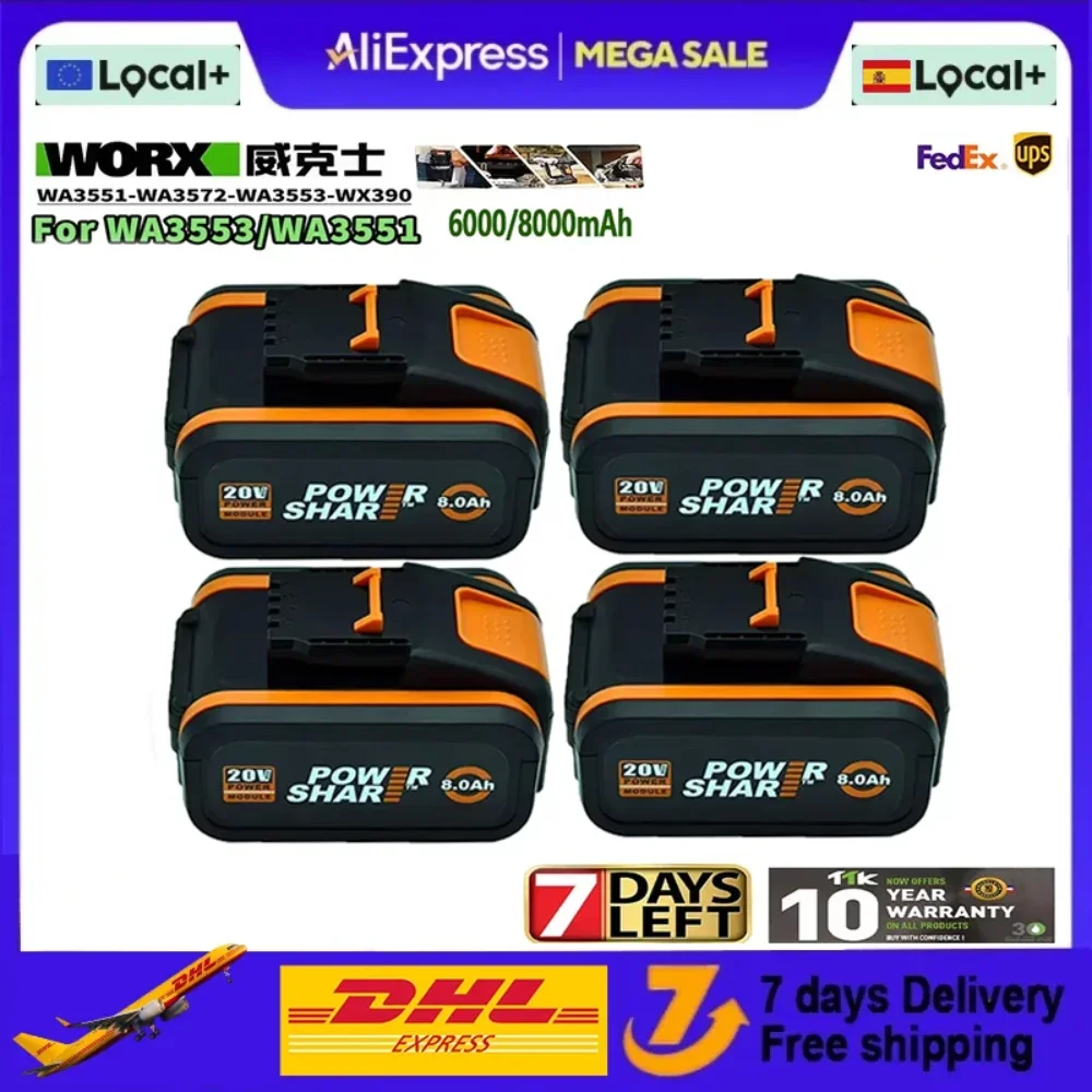 Batteria ricaricabile agli ioni di litio 20V 6.0/8.0Ah per utensili elettrici Worx WA3551 WA3551.1 WA3553 WA3641 WX373 WX390 con caricabatterie