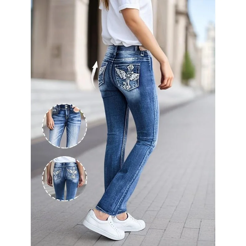 

Embroidered Flared Pants U 80847 Women's Fashionable Wide Leg Jeans Cross-Border E-commerce Elastic Waist Spring Summer
