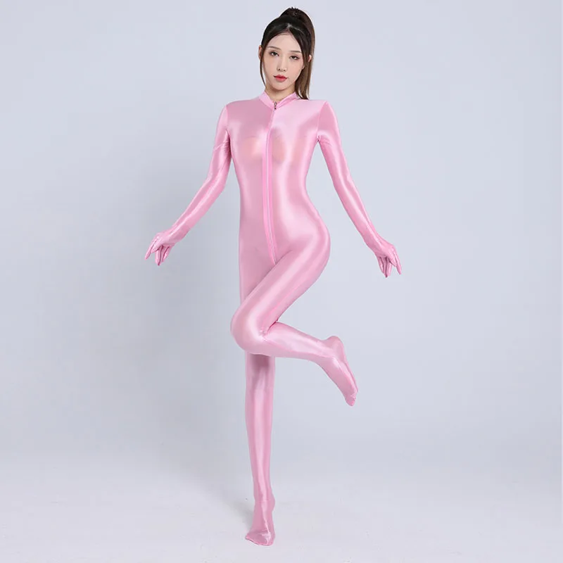 Einteiliger offener Schritt Bodysuit, ölige Yoga-Sportarten, dünne Shape wear, Wickel fuß, glänzend, Reiß verschluss vorne, Zentai Jumps uit, sexy Frauen