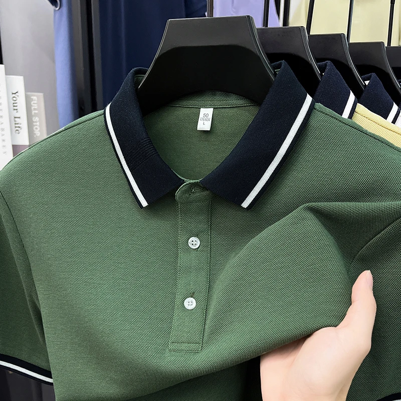 High end short sleeve men polo shirt fashion summer breathable lightweight casual luxury new unique color blocked lapel T-shirt