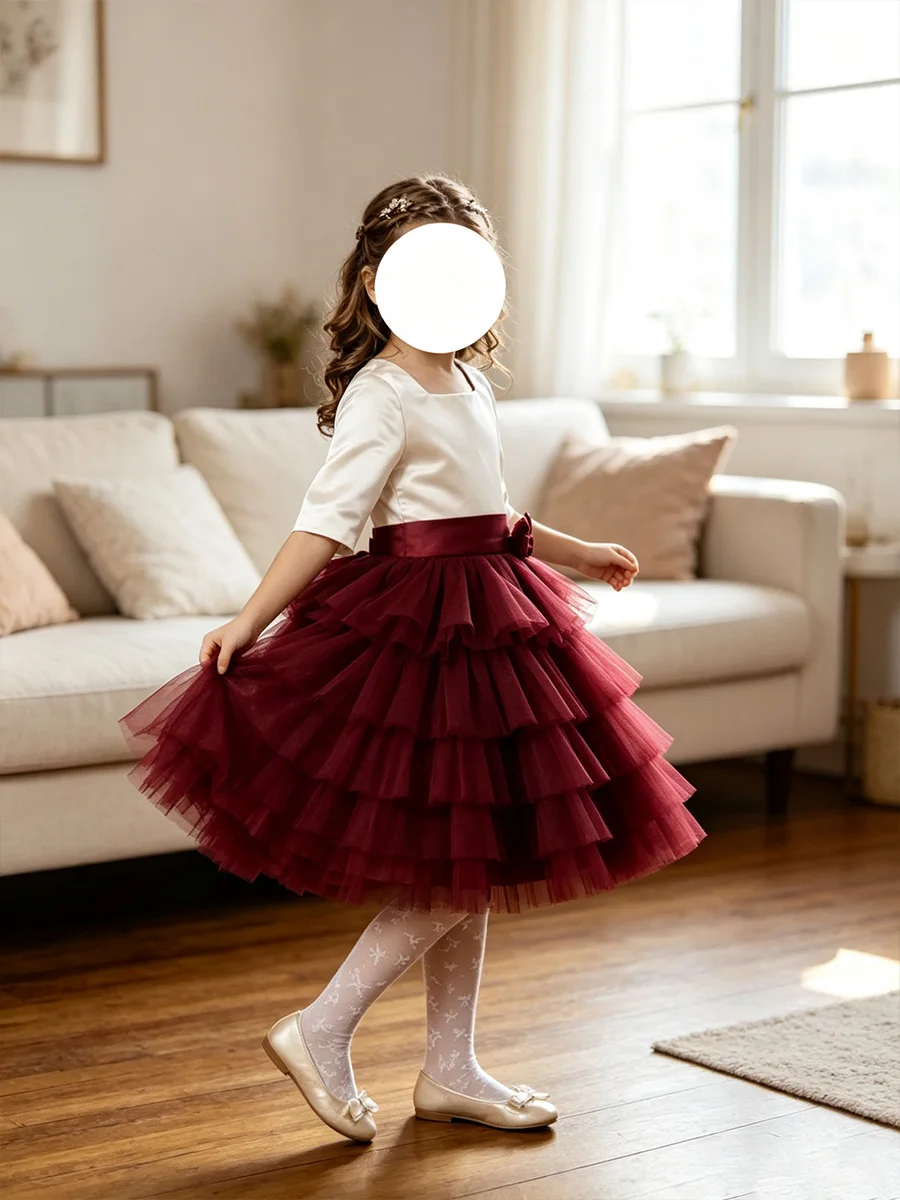 Custom Patchwork Color Kids Formal Dress Square Neck Half Sleeve Multi‑Layer Ruffled Tulle Girls Wedding Birthday Pageant Gown
