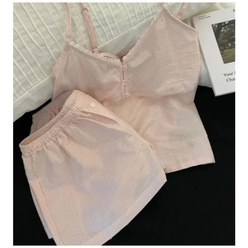 New Women's Summer Outfit: Strappy Shorts with Chest Padding, Women's Summer Cloud Cotton Sweet Blue Striped Loungewear Set 6