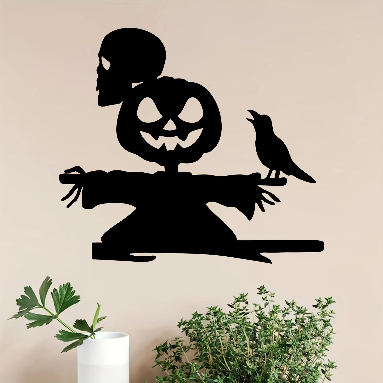 CIFBUY 2D Flat Skull Pumpkin & Crow Metal Wall Art, Laser‑Cut Spooky Fall Silhouette Mural for Garden Fence Patio Living Room