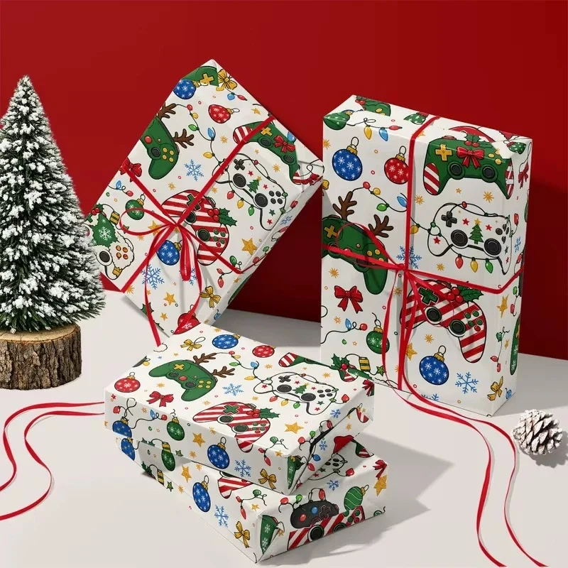 Video Game Themed Christmas Gift Wrap, Snowflake Star Ornament Design, Holiday Packaging Paper for Teen Boys Gifts & DIY Crafts