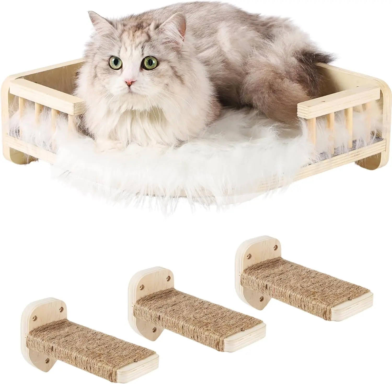 

Indoor Cat Furniture-3-Step Wall Corner Cat Shelf With Plush Covered Bed Hammock & Scratch Post Perches & Wall Shelves For Cats