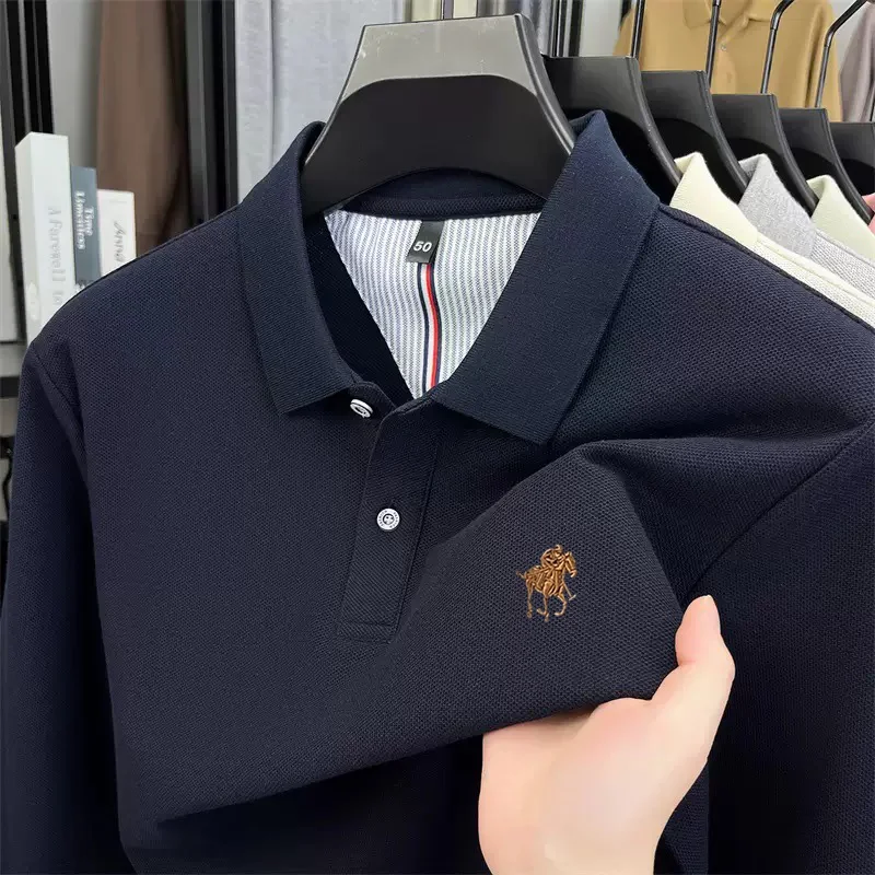 

Роскошная брендовая изысканная мужская рубашка-поло с длинными рукавами, осенняя мода 2025 года, футболка из 100% хлопка, повседневный удобный топ