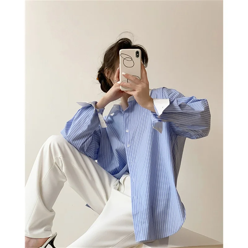 Elegant Chic Woman Shirt Striped Long-Sleeved Shirt Women Blouses Spring Autumn Korean Style Clothes Loose Casual Top Female