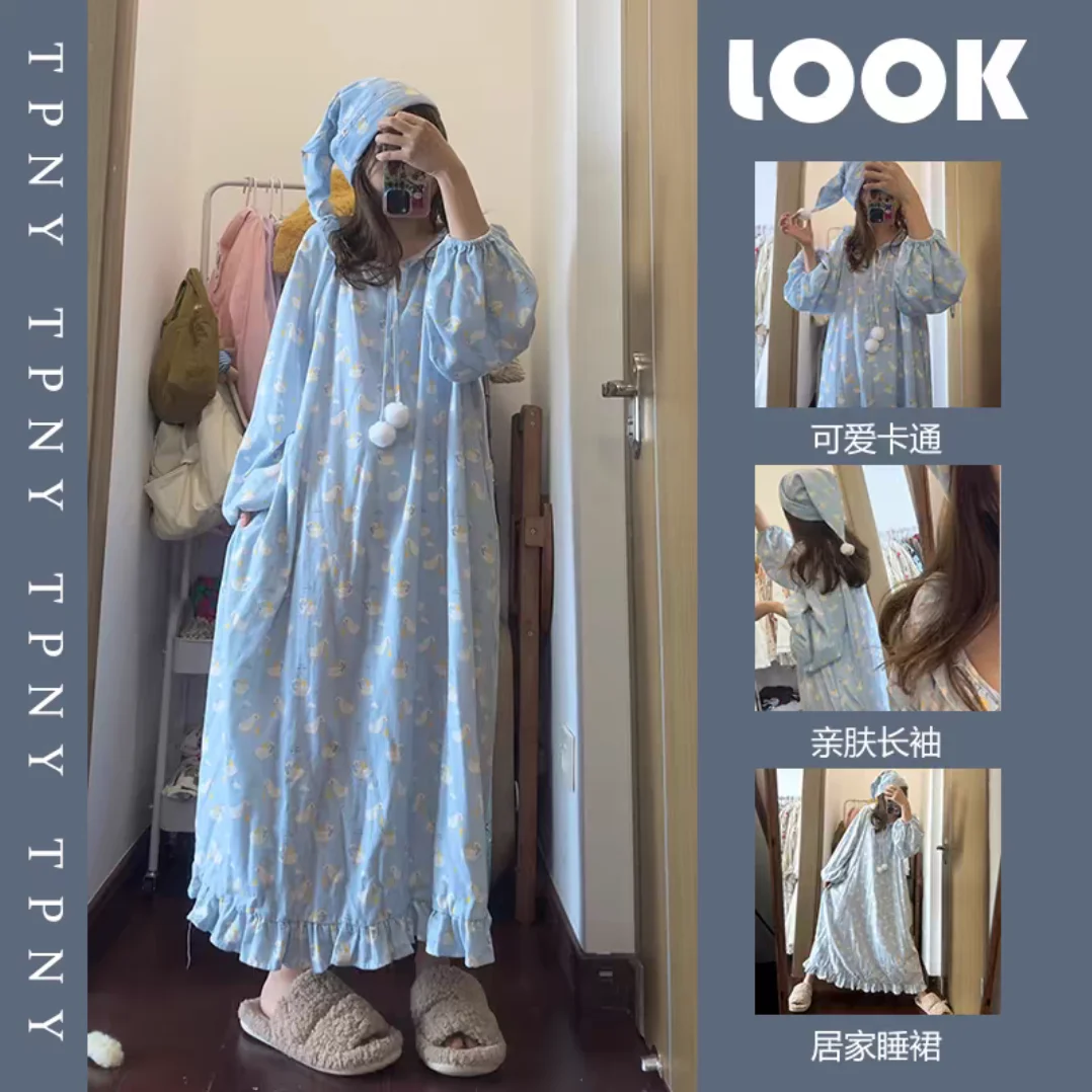 Baju Tidur Wanita Lengan Panjang Wanita Leher Bulat 2XL Set Piyama Ukuran Plus Setelan Pakaian Rumah Manis Motif Kartun Musim Semi Wanita