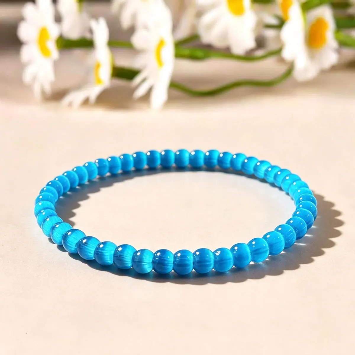 1pc Leisure blue cat eye 4mm bead elastic bracelet, enhancing communication skills and intuition, unisex wrist jewelry gift