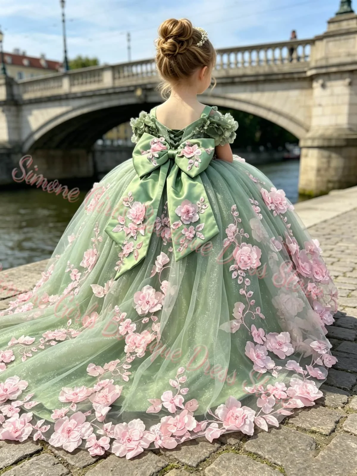 High Quality Luxury Floral Girls' Dress with 3D Appliqué Suitable for Children's Weddings Birthday Parties Pageants Prom Dress