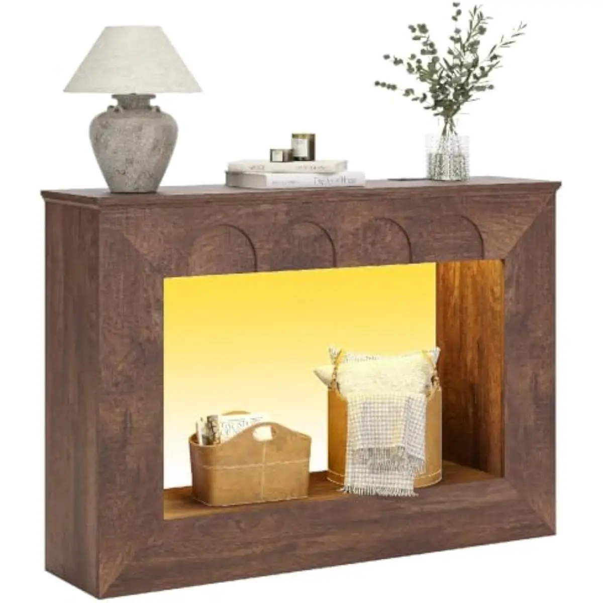 43.3 inch rustic oak engineered wood console table with integrated AC outlets USB ports customizable LED lighting arched silhoue