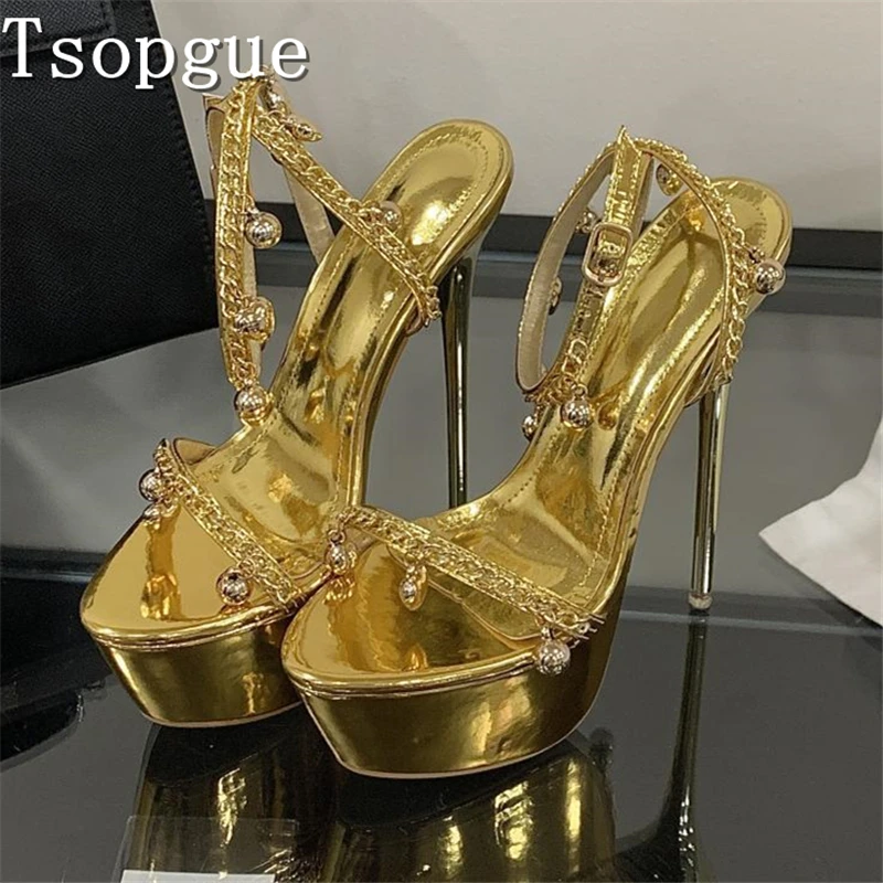 

Женские новые золотые босоножки на ультравысоком каблуке 16 см с модным дизайном, металлической цепочкой в виде сердца, водонепроницаемой платформой и шпилькой для вечеринок