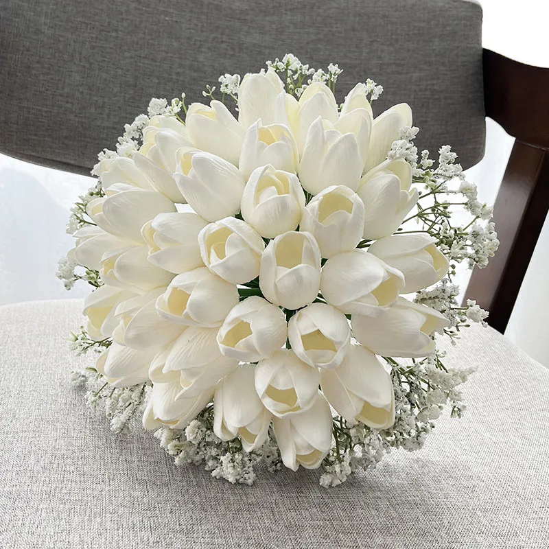 

Bride Bouquet Wedding Accessories Tulips Baby's Breath Artificial Flowers Bridal Bouquet Table Centerpiece Anniversary Decor