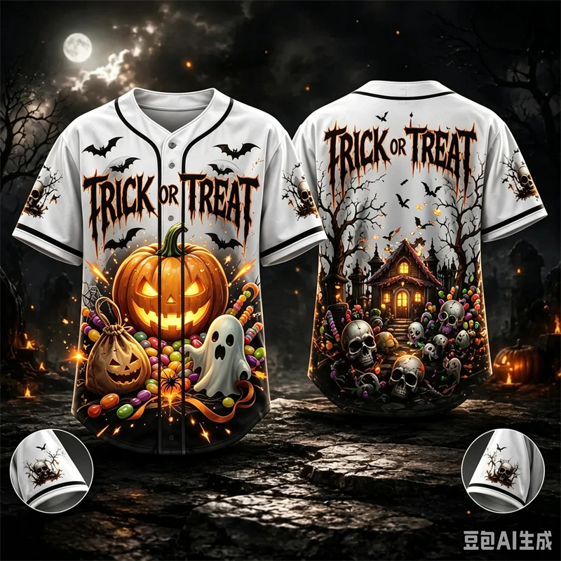 Horror Halloween Theme Baseball Jersey For Men Clothing 3D Printed Short Sleeve Jersey Unisex Halloween Cosplay Casual Tops 2026
