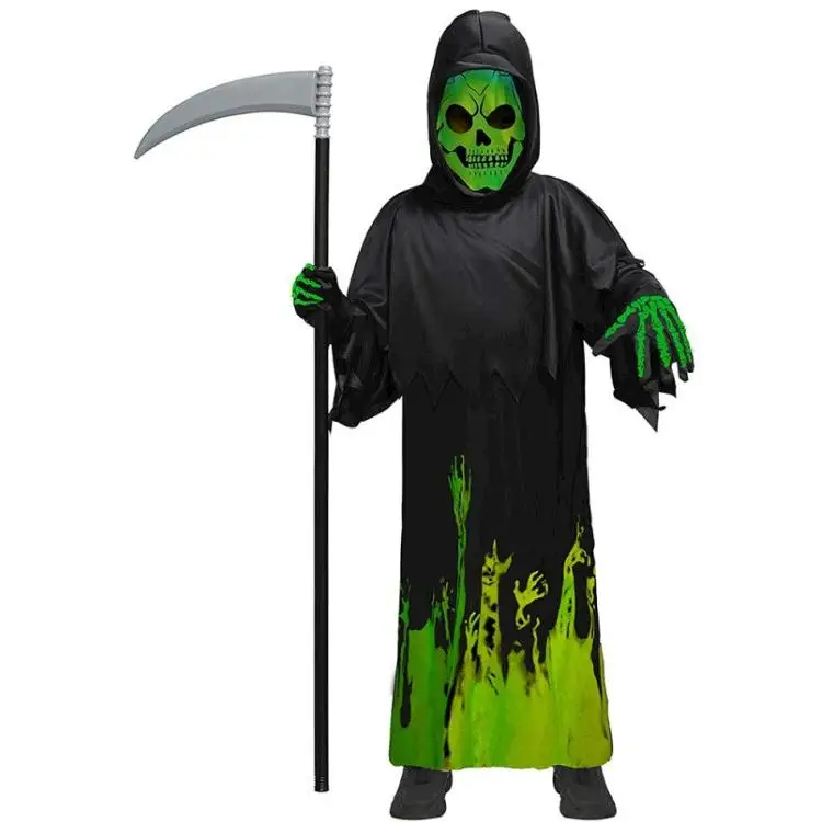 

Fluorescent Skeleton Costume Child Halloween Party Death Scythe Glowing Ghost Clothes Night Light Terror Dress