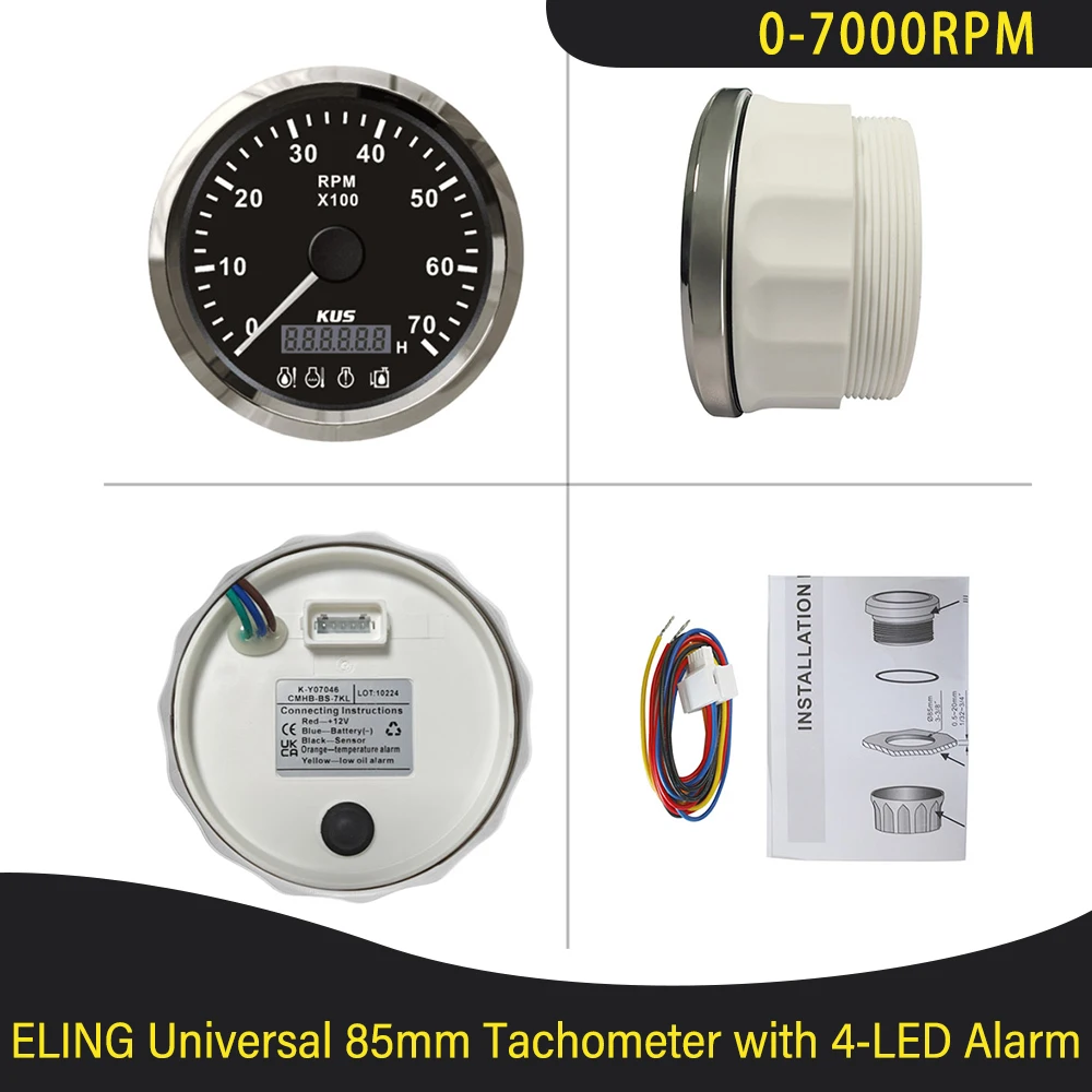 KUS Vehículos Barcos Tacómetro universal de 85 mm 0-7000 RPM con contador de horas y alarma de 4 LED Retroiluminación roja 12 V CC